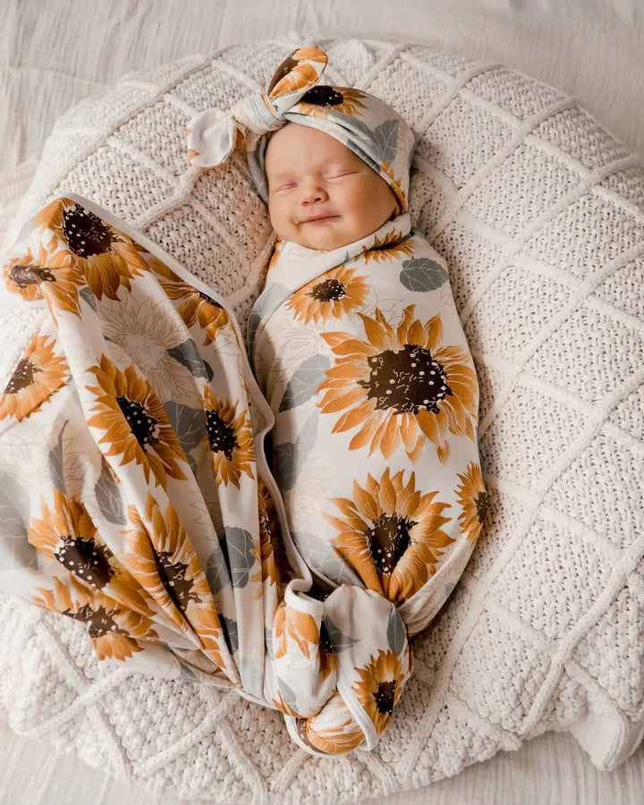 Sunflowers Jersey Swaddle Stretch Wrap & Top Knot Set